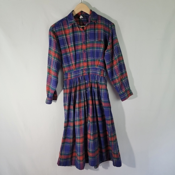 Nantucket Dresses & Skirts - VTG NANTUCKET Flannel Dress Sz 4 Red/Blue Plaid Button-Up Long Sleeve Fit Flare